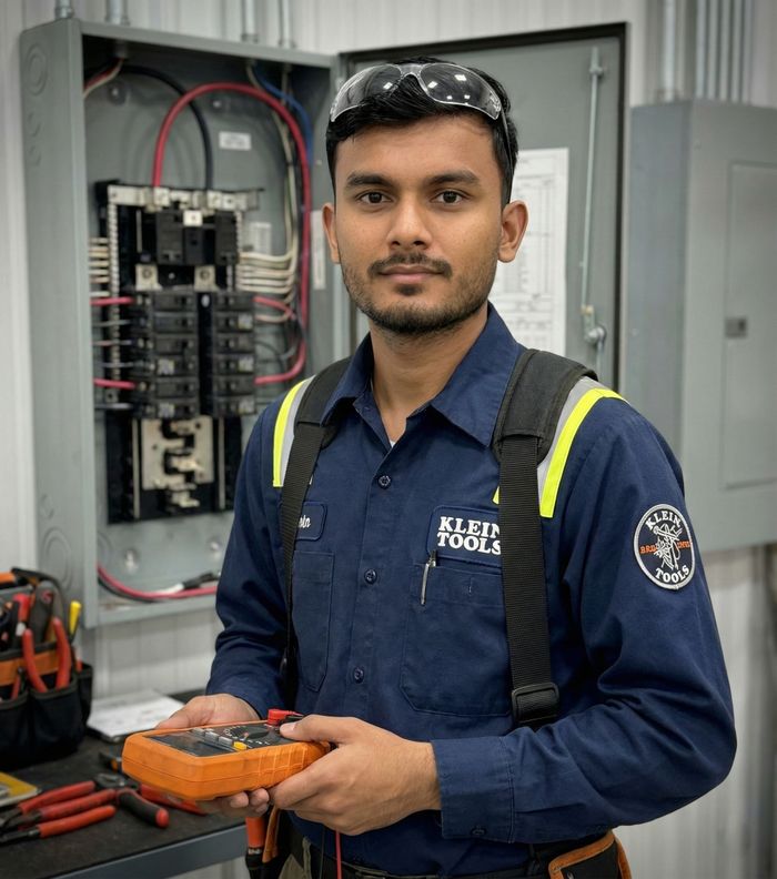 Electrician in safety gear inspecting circuit breakers with a meter.